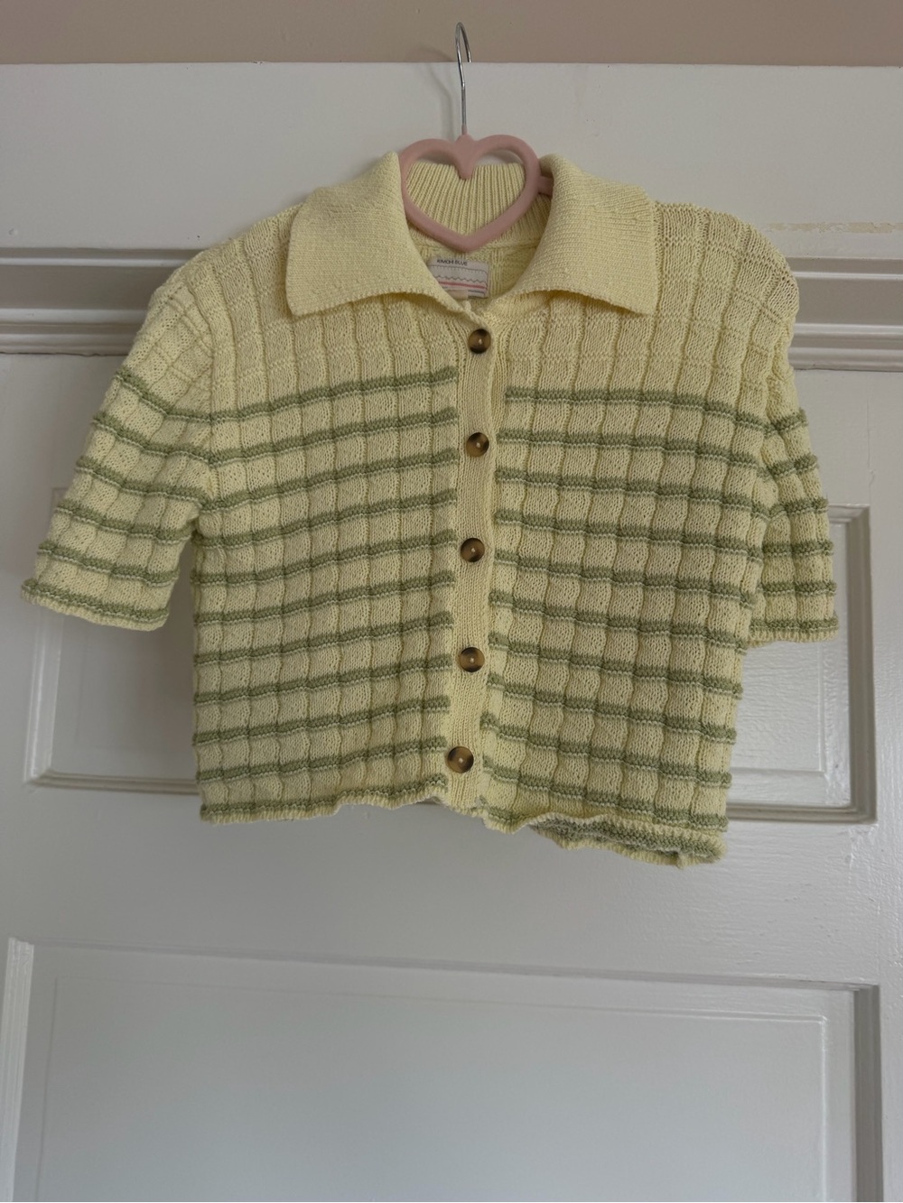 Kimchi Blue Pale Yellow & Sage Grid Knit Short-Sleeve Cardigan